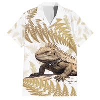 Gold New Zealand Tuatara Family Matching Puletasi and Hawaiian Shirt Aotearoa Sphenodon Punctatus Silver Fern LT14 Dad's Shirt - Short Sleeve Gold - Polynesian Pride