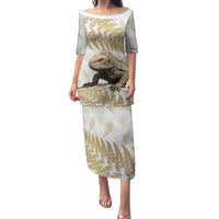 Gold New Zealand Tuatara Family Matching Puletasi and Hawaiian Shirt Aotearoa Sphenodon Punctatus Silver Fern LT14 Mom's Dress Gold - Polynesian Pride
