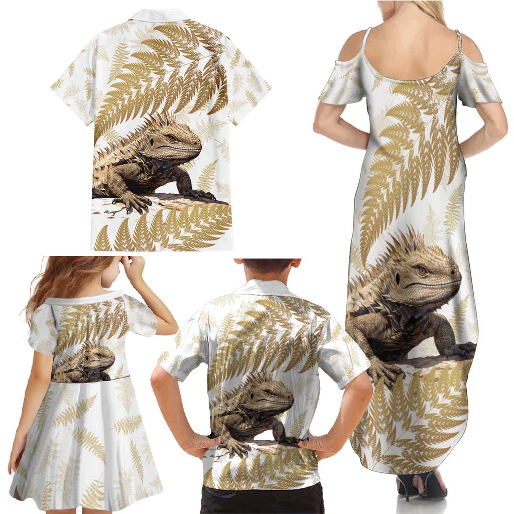 Gold New Zealand Tuatara Family Matching Summer Maxi Dress and Hawaiian Shirt Aotearoa Sphenodon Punctatus Silver Fern LT14 - Polynesian Pride