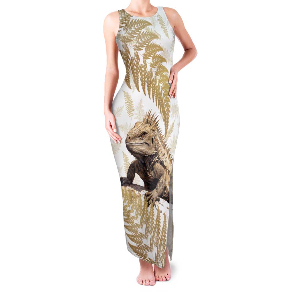 Gold New Zealand Tuatara Family Matching Tank Maxi Dress and Hawaiian Shirt Aotearoa Sphenodon Punctatus Silver Fern LT14 Mom's Dress Gold - Polynesian Pride