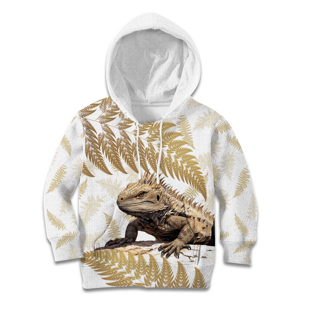 Gold New Zealand Tuatara Kid Hoodie Aotearoa Sphenodon Punctatus Silver Fern LT14 Hoodie Gold - Polynesian Pride