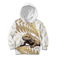 Gold New Zealand Tuatara Kid Hoodie Aotearoa Sphenodon Punctatus Silver Fern LT14 Hoodie Gold - Polynesian Pride