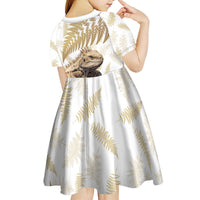 Gold New Zealand Tuatara Kid Short Sleeve Dress Aotearoa Sphenodon Punctatus Silver Fern LT14 - Polynesian Pride