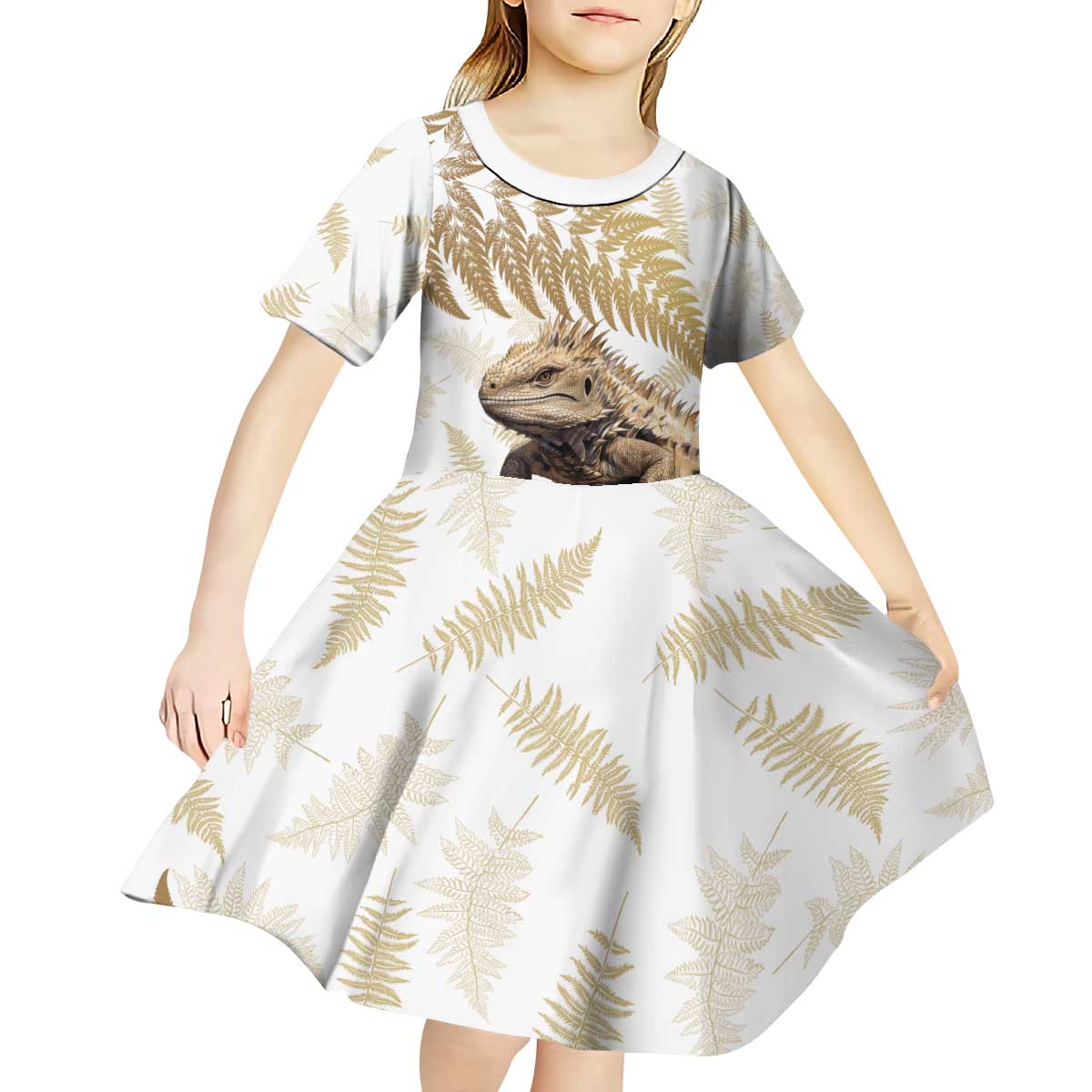 Gold New Zealand Tuatara Kid Short Sleeve Dress Aotearoa Sphenodon Punctatus Silver Fern LT14 - Polynesian Pride
