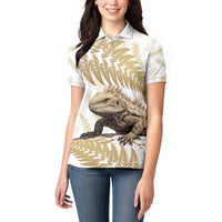 Gold New Zealand Tuatara Women Polo Shirt Aotearoa Sphenodon Punctatus Silver Fern LT14 - Polynesian Pride