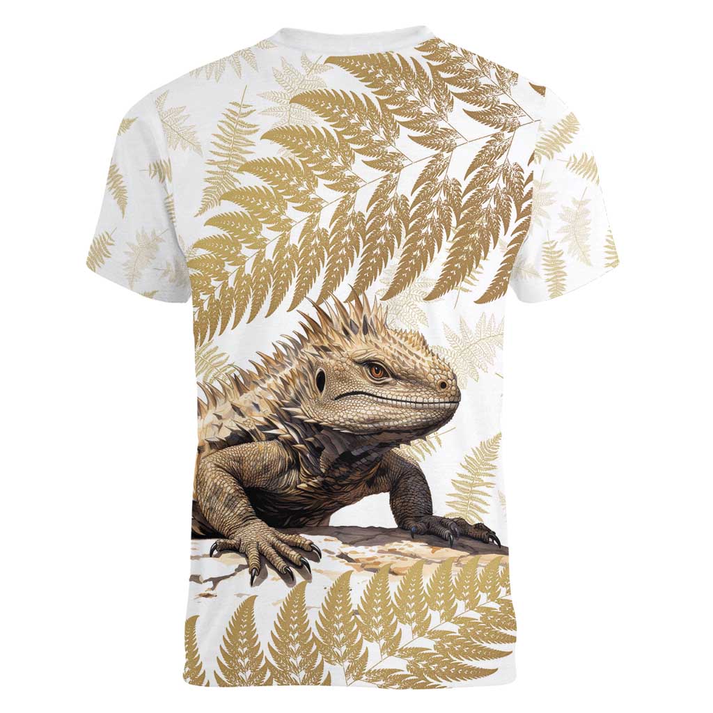 Gold New Zealand Tuatara Women V-Neck T-Shirt Aotearoa Sphenodon Punctatus Silver Fern