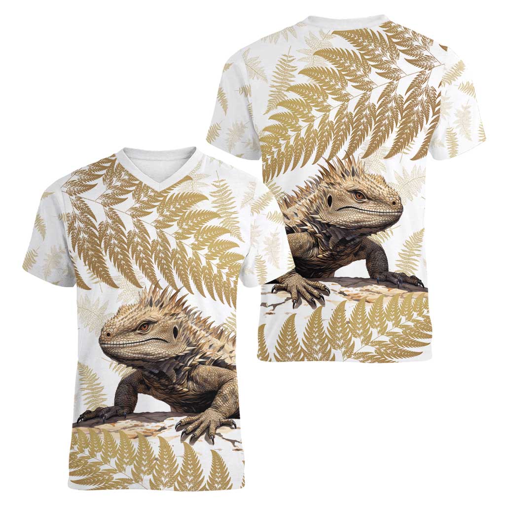 Gold New Zealand Tuatara Women V-Neck T-Shirt Aotearoa Sphenodon Punctatus Silver Fern