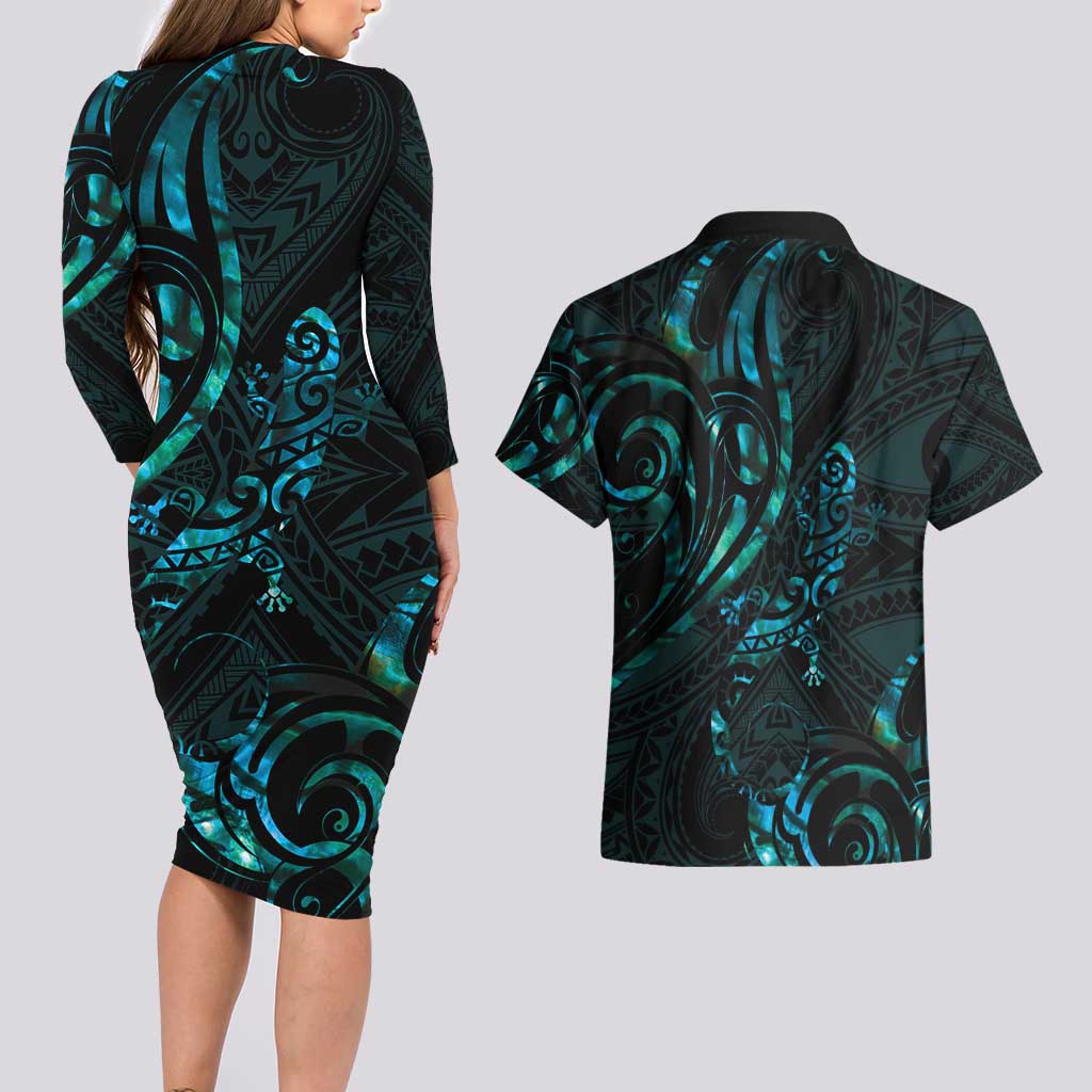New Zealand Skink Couples Matching Long Sleeve Bodycon Dress and Hawaiian Shirt Aotearoa Maori Mix Paua Shell LT14 - Polynesian Pride