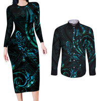 New Zealand Skink Couples Matching Long Sleeve Bodycon Dress and Long Sleeve Button Shirt Aotearoa Maori Mix Paua Shell LT14 Blue - Polynesian Pride