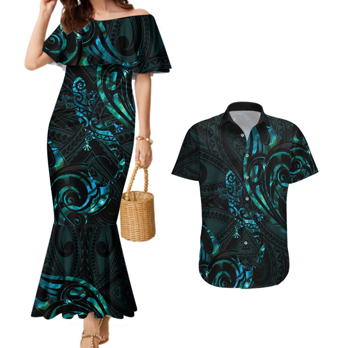 New Zealand Skink Couples Matching Mermaid Dress and Hawaiian Shirt Aotearoa Maori Mix Paua Shell LT14 Blue - Polynesian Pride
