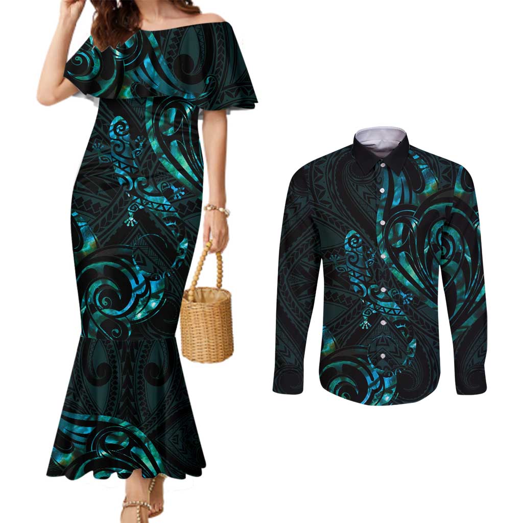 New Zealand Skink Couples Matching Mermaid Dress and Long Sleeve Button Shirt Aotearoa Maori Mix Paua Shell LT14 Blue - Polynesian Pride