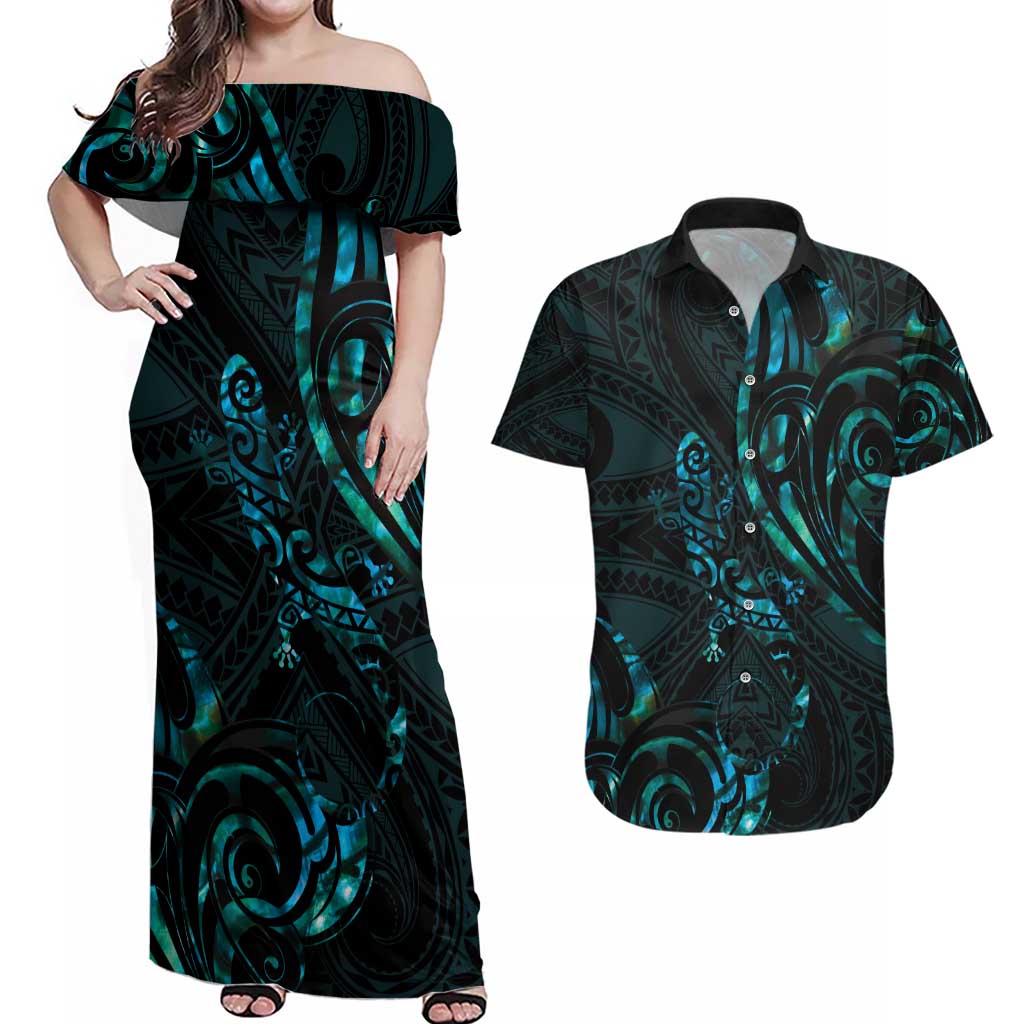 New Zealand Skink Couples Matching Off Shoulder Maxi Dress and Hawaiian Shirt Aotearoa Maori Mix Paua Shell LT14 Blue - Polynesian Pride