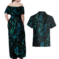 New Zealand Skink Couples Matching Off Shoulder Maxi Dress and Hawaiian Shirt Aotearoa Maori Mix Paua Shell LT14 - Polynesian Pride