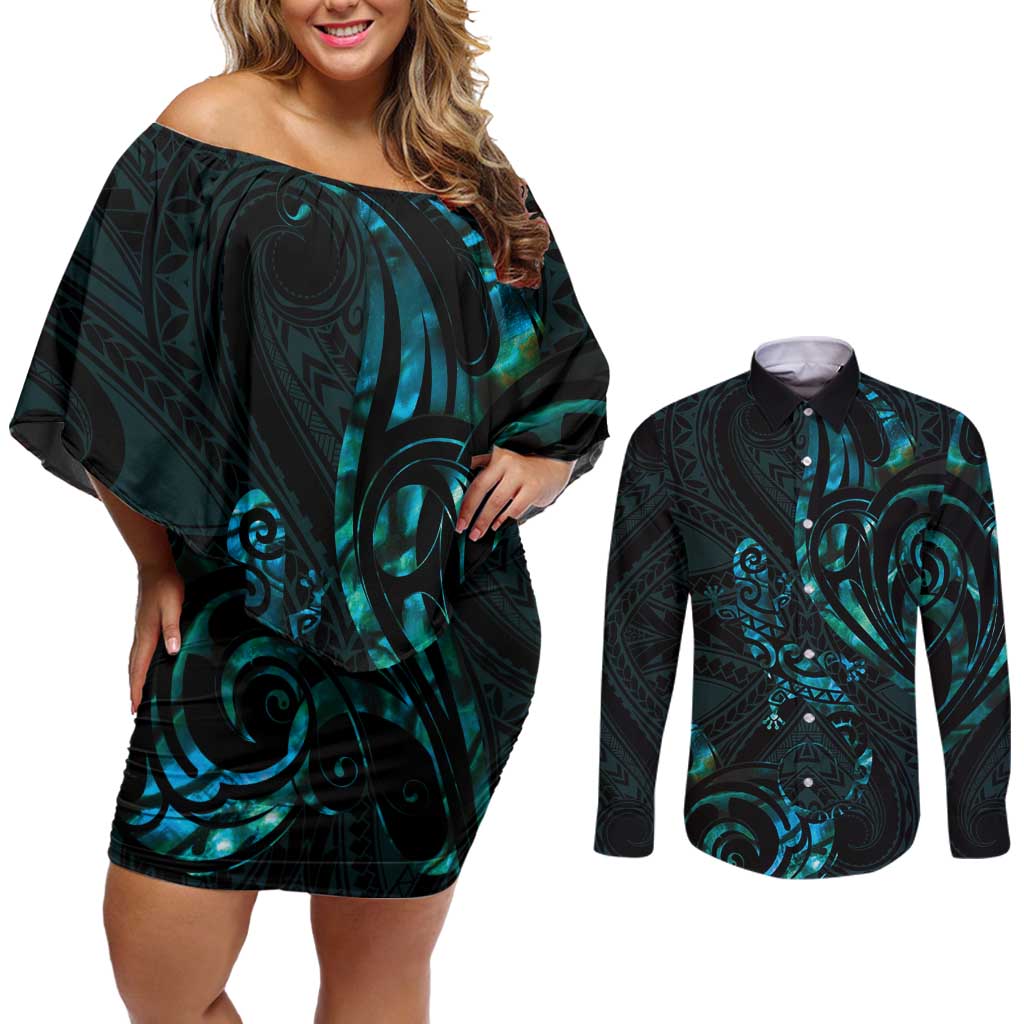 New Zealand Skink Couples Matching Off Shoulder Short Dress and Long Sleeve Button Shirt Aotearoa Maori Mix Paua Shell LT14 Blue - Polynesian Pride