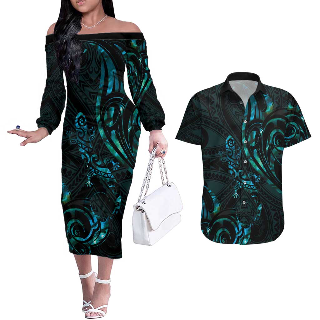 New Zealand Skink Couples Matching Off The Shoulder Long Sleeve Dress and Hawaiian Shirt Aotearoa Maori Mix Paua Shell LT14 Blue - Polynesian Pride
