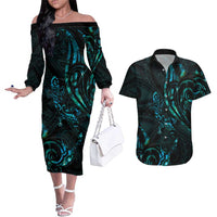 New Zealand Skink Couples Matching Off The Shoulder Long Sleeve Dress and Hawaiian Shirt Aotearoa Maori Mix Paua Shell LT14 Blue - Polynesian Pride