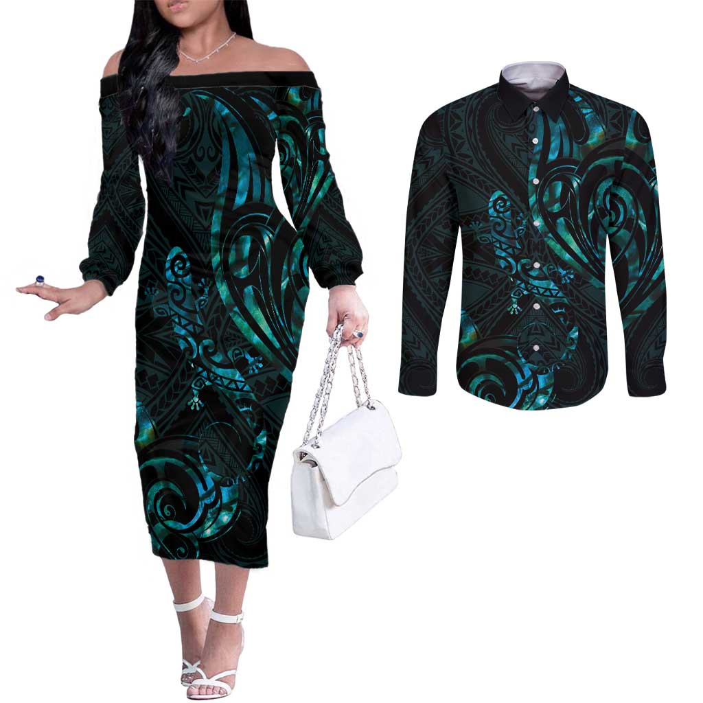 New Zealand Skink Couples Matching Off The Shoulder Long Sleeve Dress and Long Sleeve Button Shirt Aotearoa Maori Mix Paua Shell LT14 Blue - Polynesian Pride