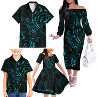 New Zealand Skink Family Matching Off The Shoulder Long Sleeve Dress and Hawaiian Shirt Aotearoa Maori Mix Paua Shell LT14 - Polynesian Pride