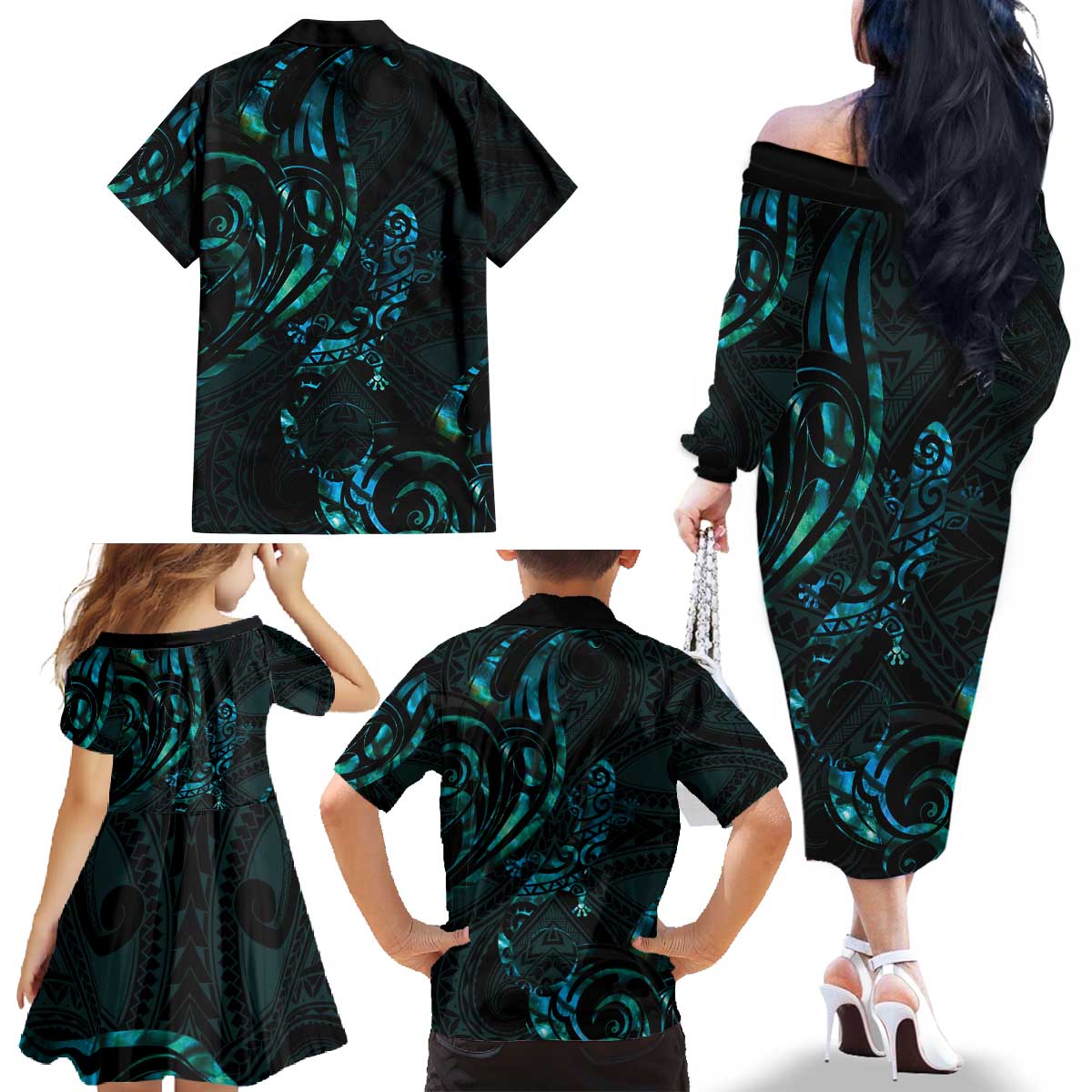 New Zealand Skink Family Matching Off The Shoulder Long Sleeve Dress and Hawaiian Shirt Aotearoa Maori Mix Paua Shell LT14 - Polynesian Pride