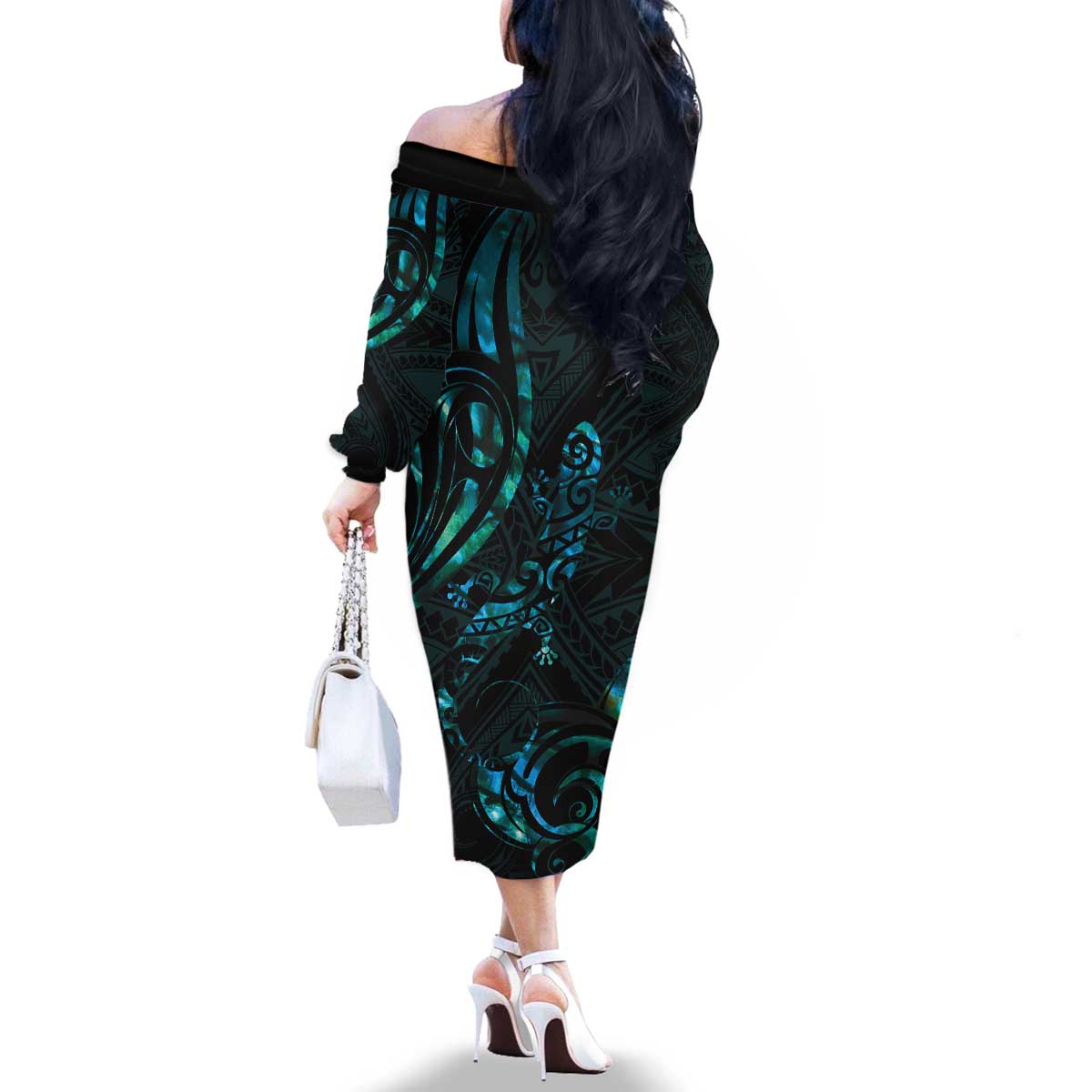 New Zealand Skink Family Matching Off The Shoulder Long Sleeve Dress and Hawaiian Shirt Aotearoa Maori Mix Paua Shell LT14 - Polynesian Pride