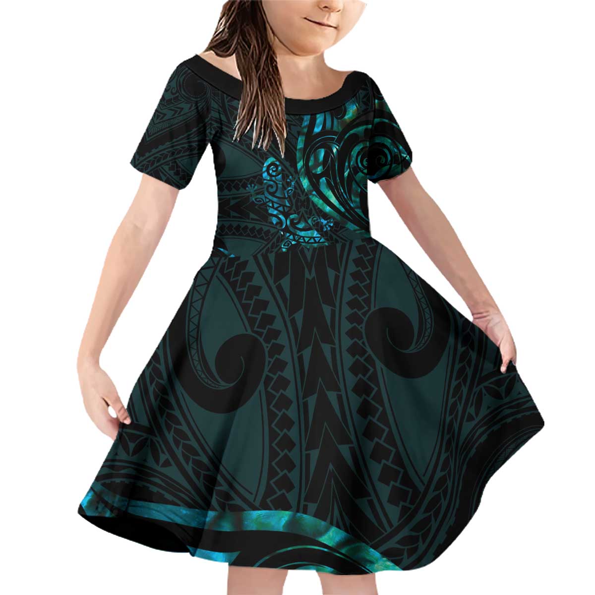New Zealand Skink Family Matching Off Shoulder Short Dress and Hawaiian Shirt Aotearoa Maori Mix Paua Shell LT14 Daughter's Dress Blue - Polynesian Pride