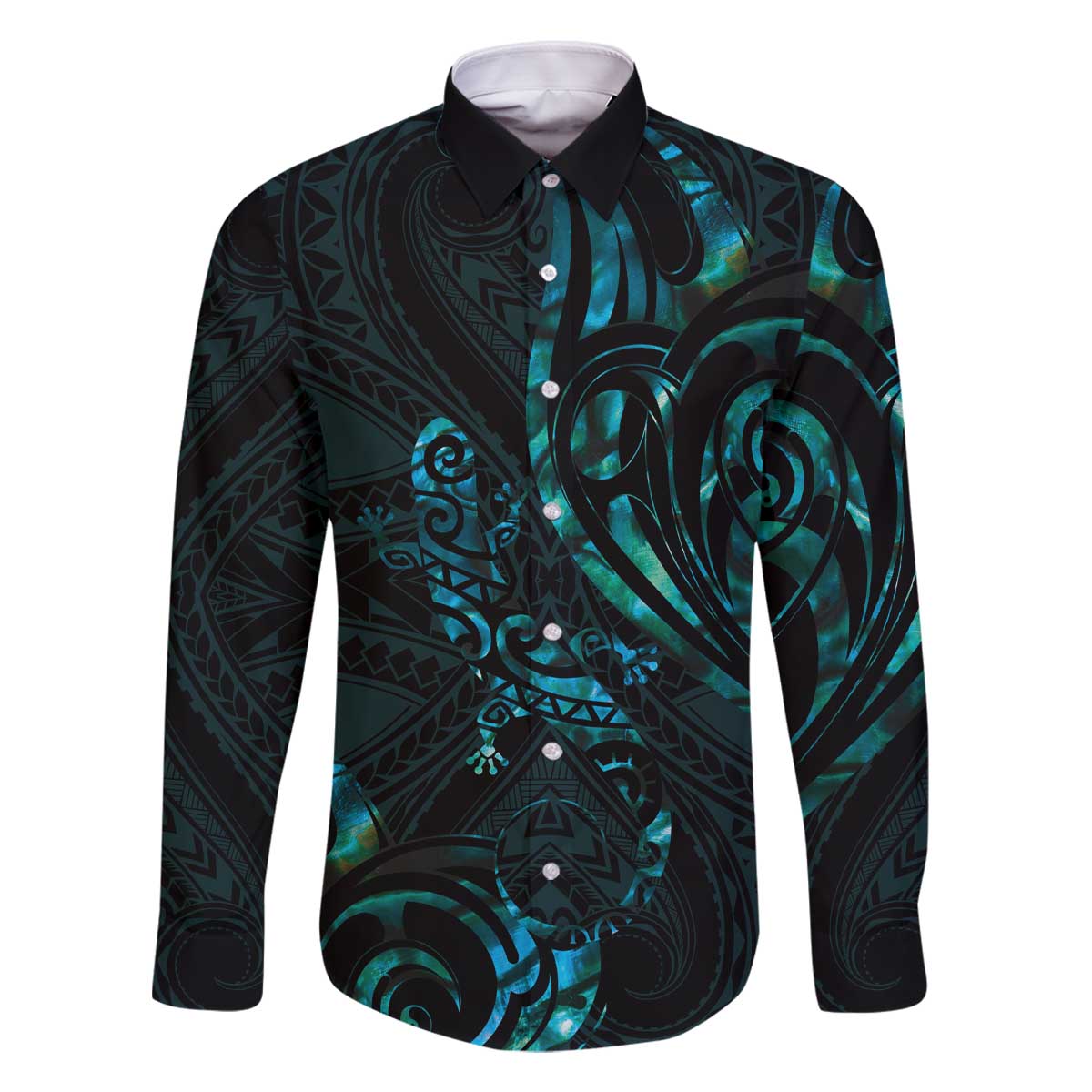 New Zealand Skink Family Matching Off Shoulder Short Dress and Hawaiian Shirt Aotearoa Maori Mix Paua Shell LT14 Dad's Shirt - Long Sleeve Blue - Polynesian Pride