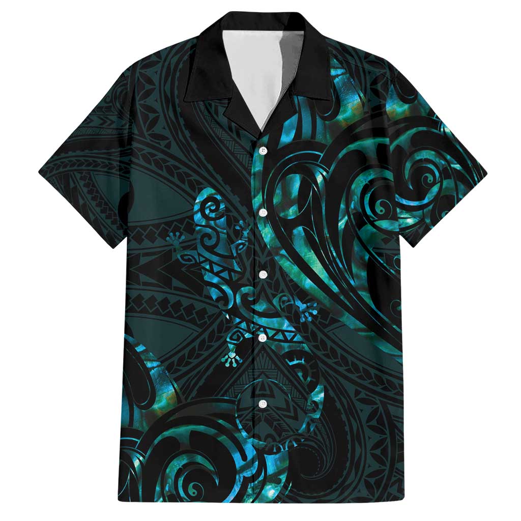 New Zealand Skink Family Matching Short Sleeve Bodycon Dress and Hawaiian Shirt Aotearoa Maori Mix Paua Shell LT14 Dad's Shirt - Short Sleeve Blue - Polynesian Pride