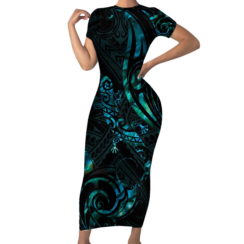 New Zealand Skink Family Matching Short Sleeve Bodycon Dress and Hawaiian Shirt Aotearoa Maori Mix Paua Shell LT14 Mom's Dress Blue - Polynesian Pride