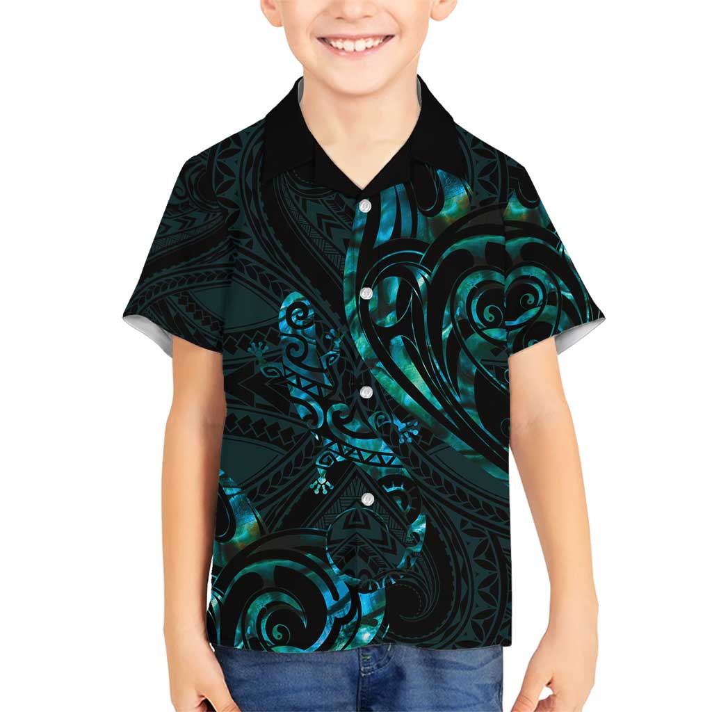 New Zealand Skink Family Matching Summer Maxi Dress and Hawaiian Shirt Aotearoa Maori Mix Paua Shell LT14 Son's Shirt Blue - Polynesian Pride