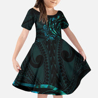 New Zealand Skink Family Matching Tank Maxi Dress and Hawaiian Shirt Aotearoa Maori Mix Paua Shell LT14 Daughter's Dress Blue - Polynesian Pride