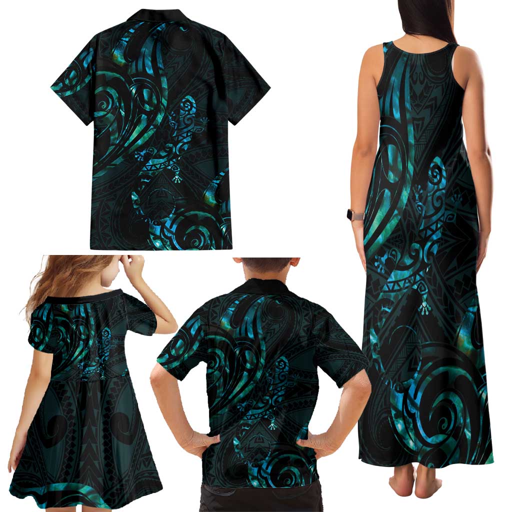 New Zealand Skink Family Matching Tank Maxi Dress and Hawaiian Shirt Aotearoa Maori Mix Paua Shell LT14 - Polynesian Pride