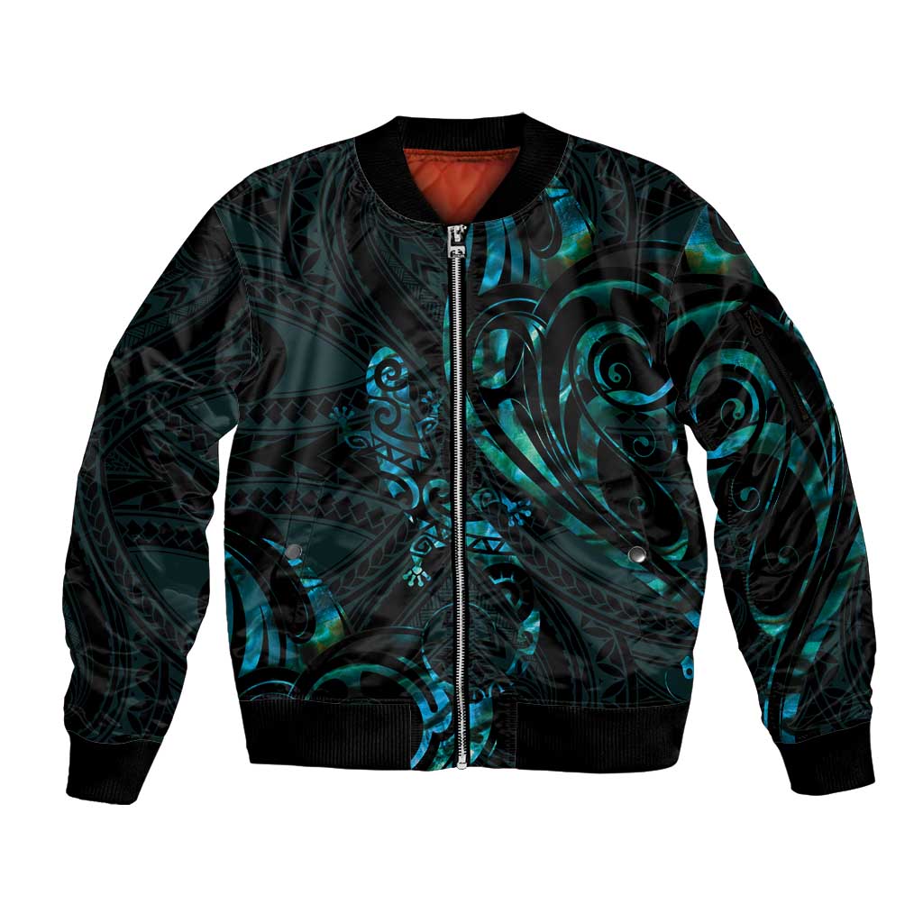 New Zealand Skink Sleeve Zip Bomber Jacket Aotearoa Maori Mix Paua Shell LT14 Unisex Blue - Polynesian Pride
