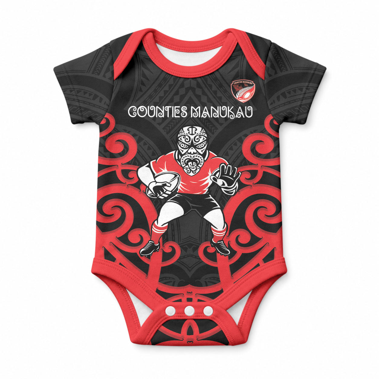 Counties Manukau Custom Rugby New Zealand Baby Onesie Aotearoa Maori Pukana Tiki Mascot