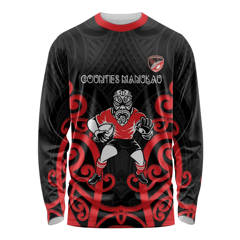 Counties Manukau Custom Rugby New Zealand Long Sleeve Shirt Aotearoa Maori Pukana Tiki Mascot