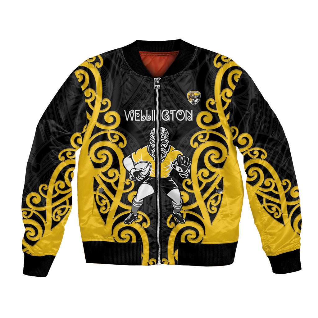 Wellington Custom Rugby New Zealand Bomber Jacket Aotearoa Maori Pukana Tiki Mascot