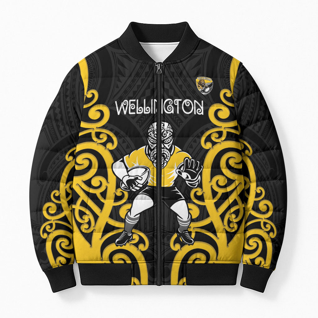 Wellington Custom Rugby New Zealand Bomber Puffer Jacket Aotearoa Maori Pukana Tiki Mascot