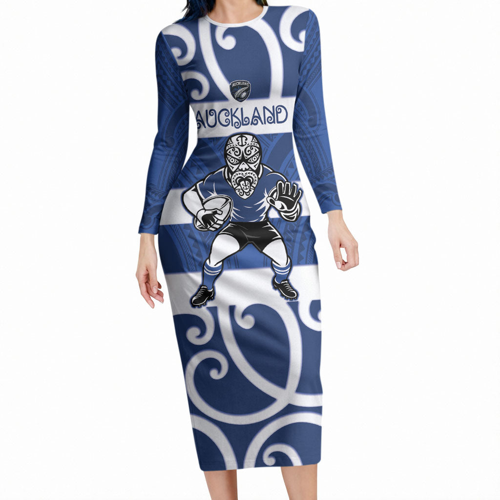 Auckland Custom Rugby New Zealand Long Sleeve Bodycon Dress Aotearoa Maori Pukana Tiki Mascot