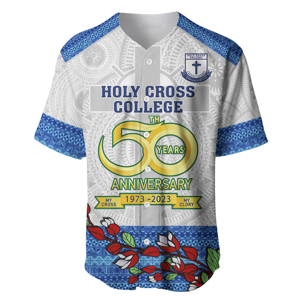 Fiji Holy Cross College Baseball Jersey Happy 50th Anniversary Fijian Tagimoucia Tapa Pattern LT14 White - Polynesian Pride