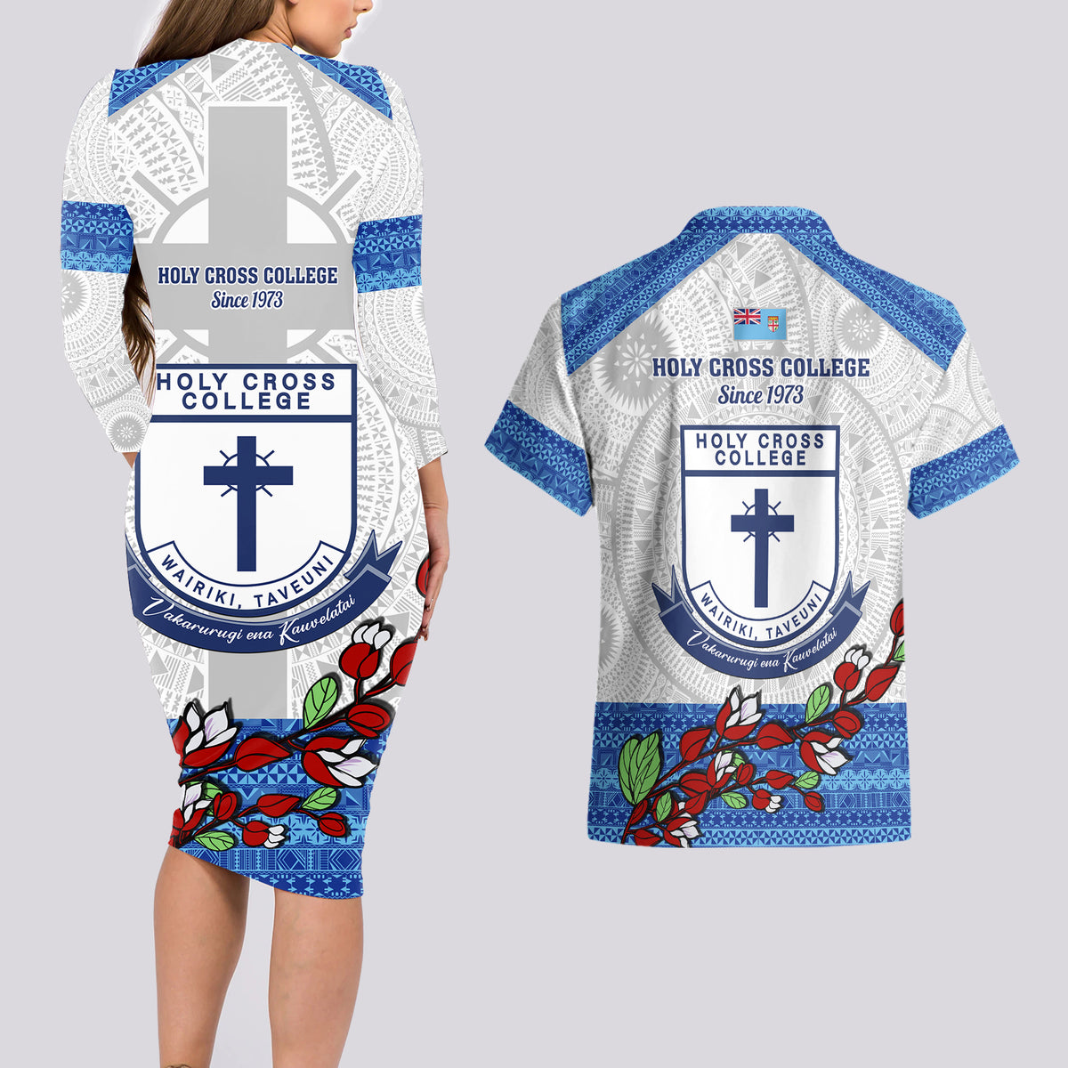 Fiji Holy Cross College Couples Matching Long Sleeve Bodycon Dress and Hawaiian Shirt Happy 50th Anniversary Fijian Tagimoucia Tapa Pattern LT14 - Polynesian Pride