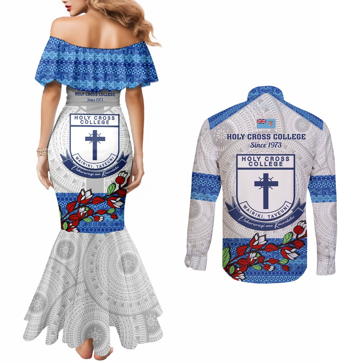 Fiji Holy Cross College Couples Matching Mermaid Dress and Long Sleeve Button Shirts Happy 50th Anniversary Fijian Tagimoucia Tapa Pattern LT14 - Polynesian Pride