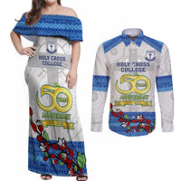 Fiji Holy Cross College Couples Matching Off Shoulder Maxi Dress and Long Sleeve Button Shirts Happy 50th Anniversary Fijian Tagimoucia Tapa Pattern LT14 White - Polynesian Pride