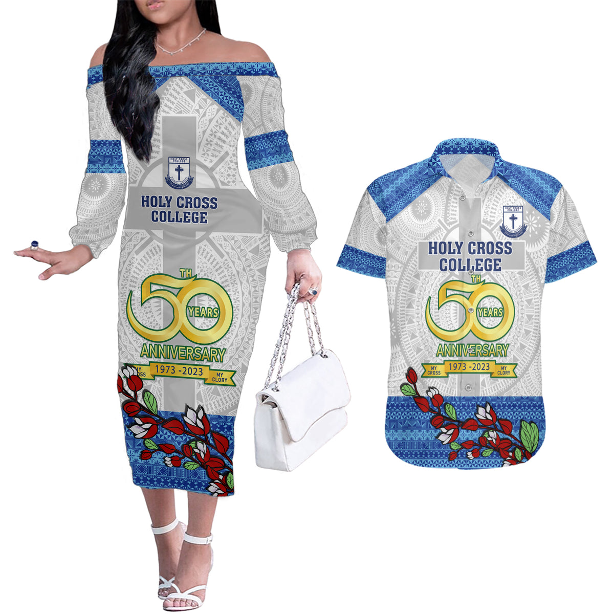 Fiji Holy Cross College Couples Matching Off The Shoulder Long Sleeve Dress and Hawaiian Shirt Happy 50th Anniversary Fijian Tagimoucia Tapa Pattern LT14 White - Polynesian Pride