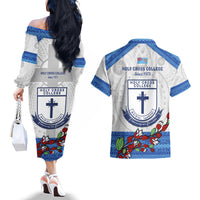 Fiji Holy Cross College Couples Matching Off The Shoulder Long Sleeve Dress and Hawaiian Shirt Happy 50th Anniversary Fijian Tagimoucia Tapa Pattern LT14 - Polynesian Pride
