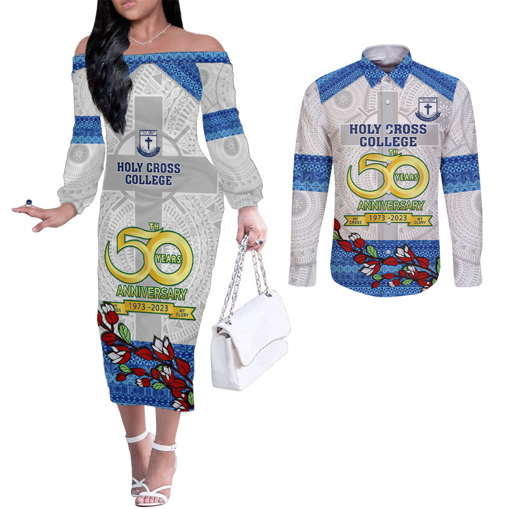 Fiji Holy Cross College Couples Matching Off The Shoulder Long Sleeve Dress and Long Sleeve Button Shirts Happy 50th Anniversary Fijian Tagimoucia Tapa Pattern LT14 White - Polynesian Pride