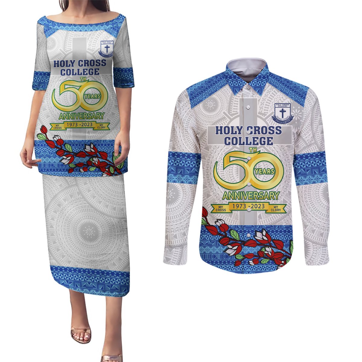 Fiji Holy Cross College Couples Matching Puletasi Dress and Long Sleeve Button Shirts Happy 50th Anniversary Fijian Tagimoucia Tapa Pattern LT14 White - Polynesian Pride