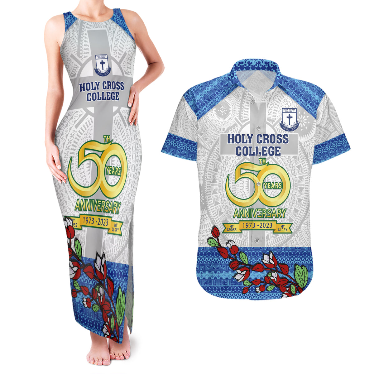 Fiji Holy Cross College Couples Matching Tank Maxi Dress and Hawaiian Shirt Happy 50th Anniversary Fijian Tagimoucia Tapa Pattern LT14 White - Polynesian Pride