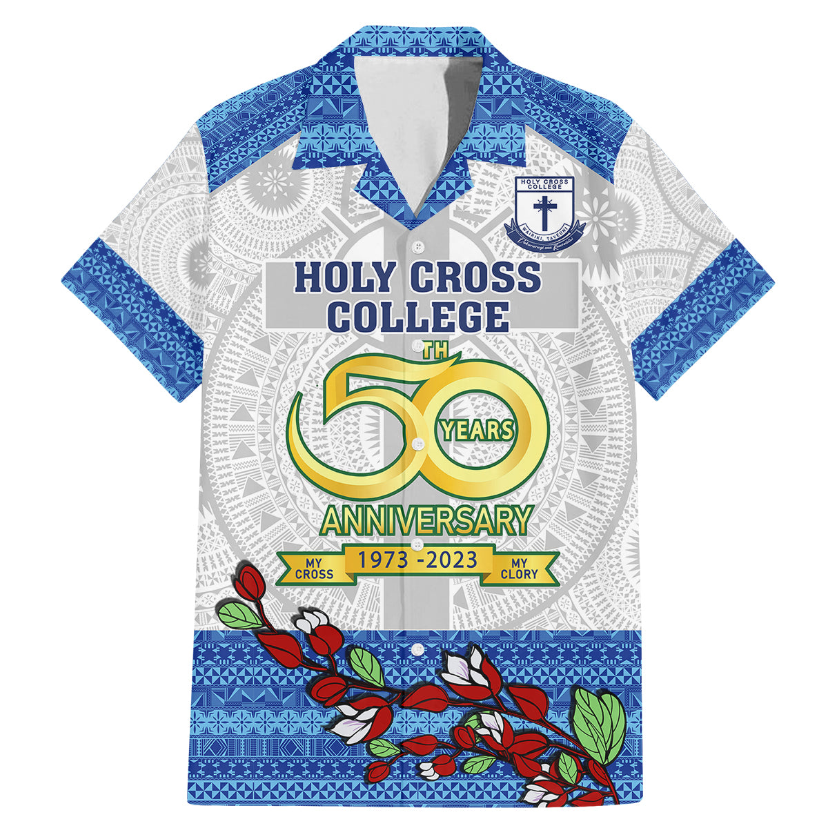 Fiji Holy Cross College Family Matching Mermaid Dress and Hawaiian Shirt Happy 50th Anniversary Fijian Tagimoucia Tapa Pattern LT14 Dad's Shirt - Short Sleeve White - Polynesian Pride