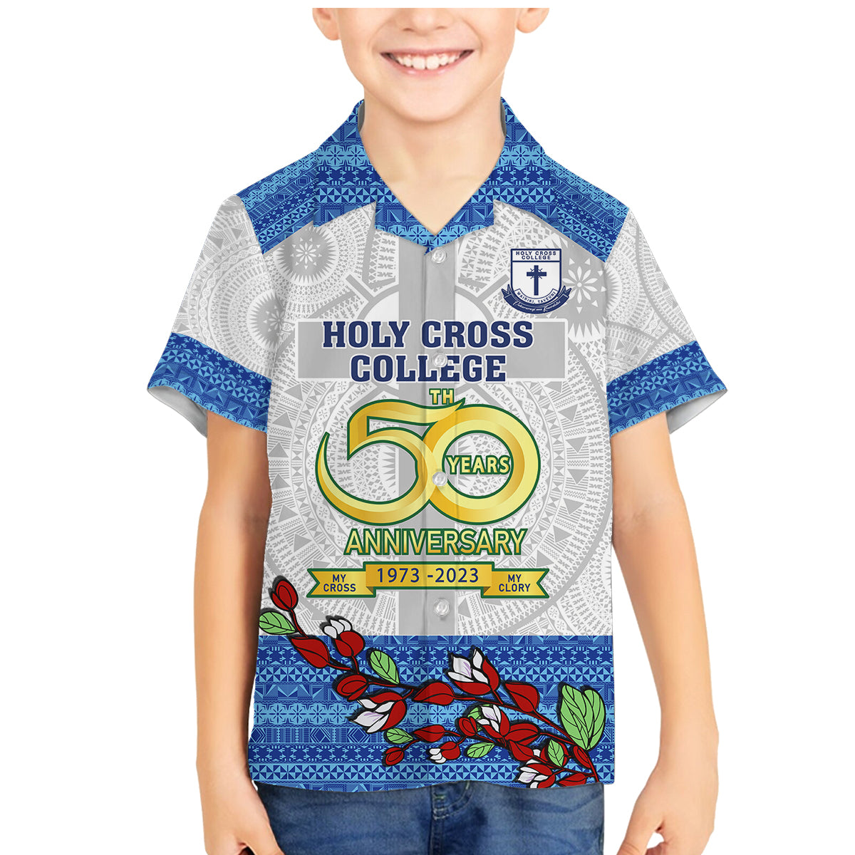 Fiji Holy Cross College Family Matching Mermaid Dress and Hawaiian Shirt Happy 50th Anniversary Fijian Tagimoucia Tapa Pattern LT14 Son's Shirt White - Polynesian Pride