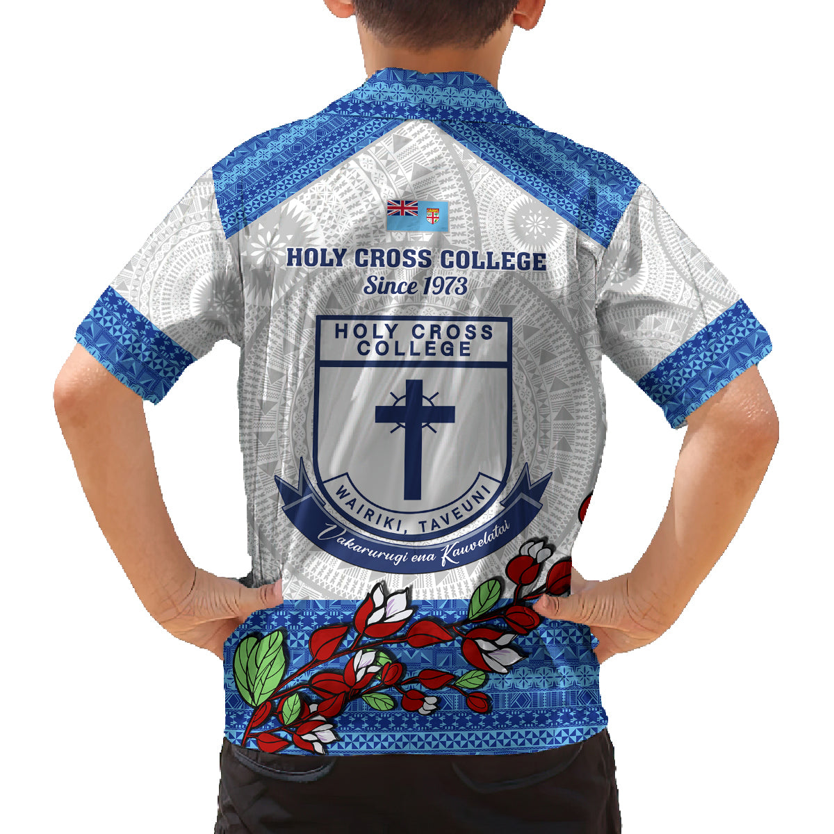 Fiji Holy Cross College Family Matching Off Shoulder Long Sleeve Dress and Hawaiian Shirt Happy 50th Anniversary Fijian Tagimoucia Tapa Pattern LT14 - Polynesian Pride