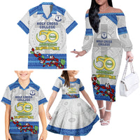 Fiji Holy Cross College Family Matching Off Shoulder Long Sleeve Dress and Hawaiian Shirt Happy 50th Anniversary Fijian Tagimoucia Tapa Pattern LT14 - Polynesian Pride